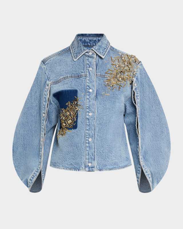 Dorsia Embellished Curved-Sleeve Denim Shirt Jacket